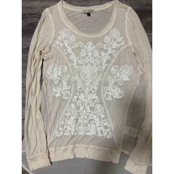 MNK Tunic M Cream Sheer Long Sleeve White Floral Applique Cottagecore Bohochic - Picture 2 of 7